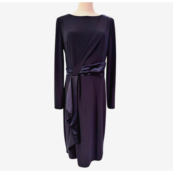 Lauren Ralph Lauren Navy Stretch Cocktail Dress Satin Trim Lined Size 8 - Picture 1 of 9